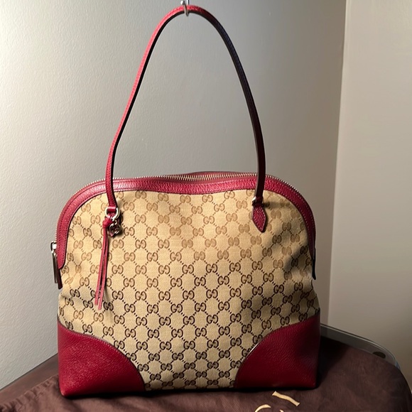 Gucci Handbags - Gucci GG logo pattern brown canvas and burgundy leather accents Handbag